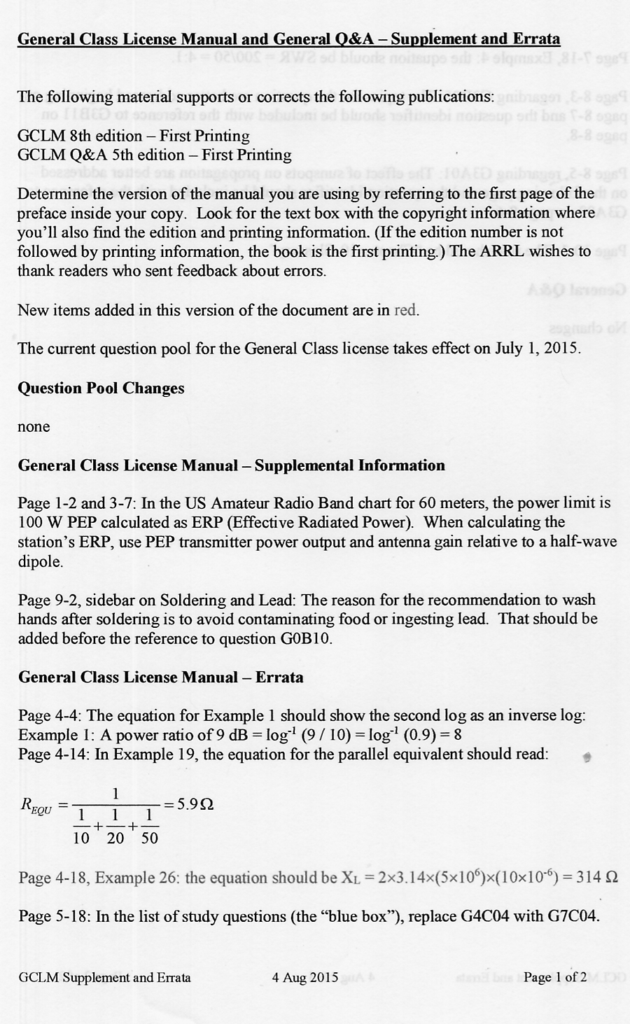 The ARRL GCLM and QandA Supplemental Information and Errata - 4 Aug 2015